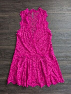 Free People Heart In Two Lace Mini Dress Sheer Bright Magenta Romantic XS